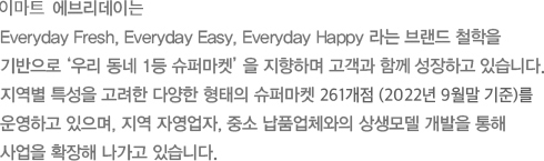 이마트 에브이데이는 Everyday,Fresh,Everyday Easy, Everyday Happy 라는 브랜드 철학을 기반으로 ‘우리 동네 1등 슈퍼마켓’ 을 지향하며 고객과 함께 성장하고 있습니다. 지역별 특성을 고려한 다양한 형태의 슈퍼마켓  261개점 (2022년 9월말 기준)를 운영하고 있으며, 지역 자영업자, 중소 납품업체와의 상생모델 개발을 통해 사업을 확장해 나가고 있습니다.